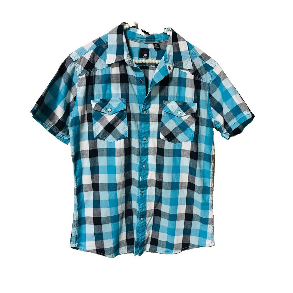 JF J. Ferrar Shirt Mens Medium Blue Excellent Plaid Snap Front Modern Fit Cotton